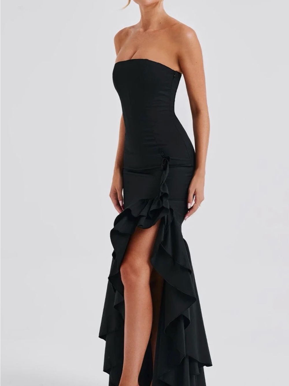 Strapless Black Ruffled High-Low Evening Gown - Picture 3 of 4